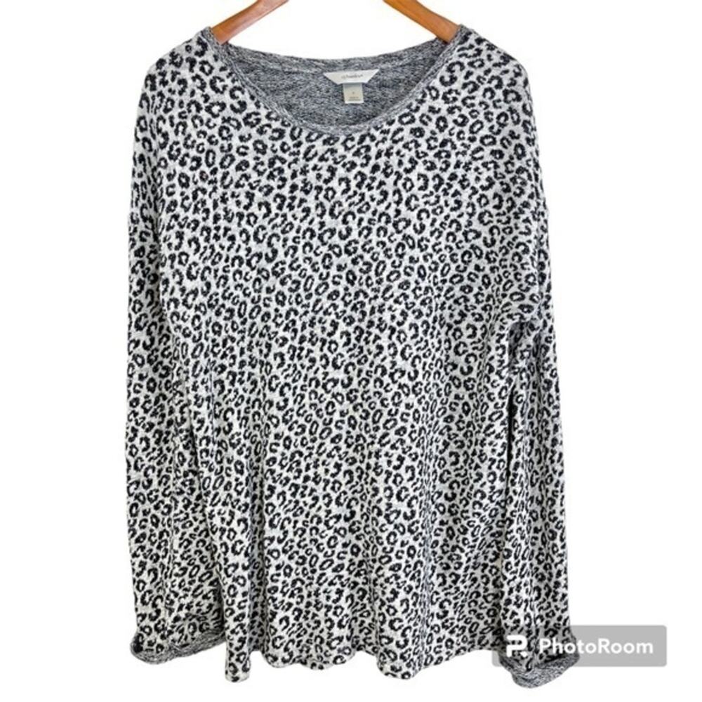 CJ Banks Gray Leopard Cheetah Modest Mature Animal Print Knit Sparkle Sweater